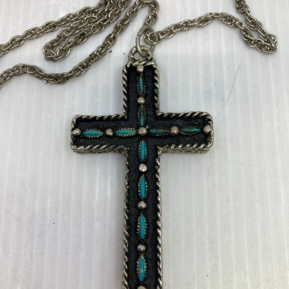Vtg 1970s D'ORLAN ? enamel silver tone cross pendant necklace - Picture 2 of 3